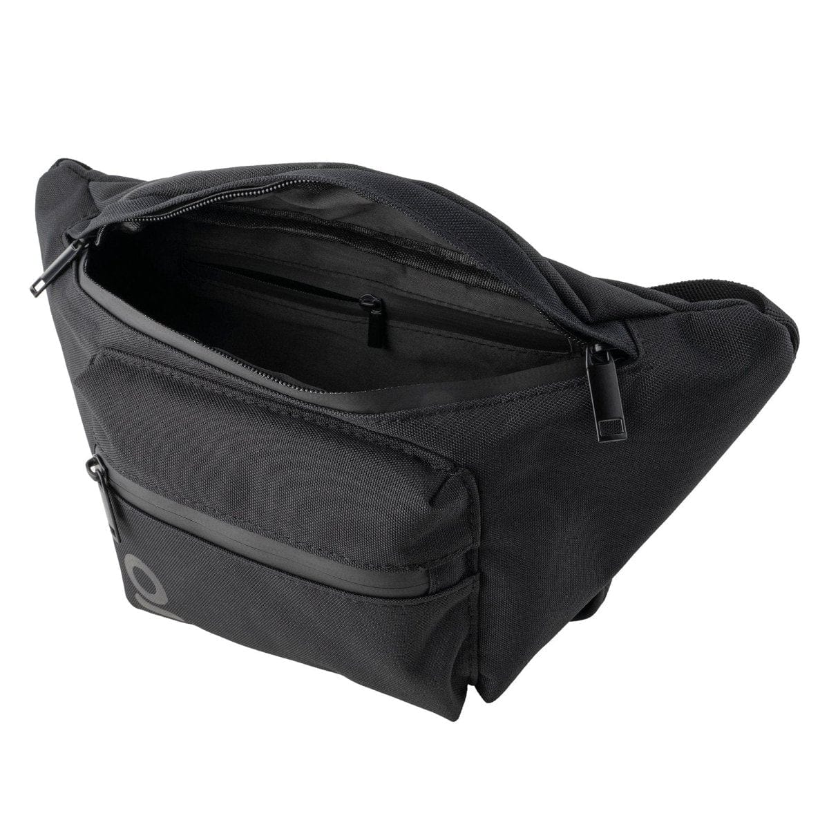 A three-quarter view of the Carbon-lined Fanny Pack / Travel Pouch, showing its zippered closure and simple, dark fabric construction.