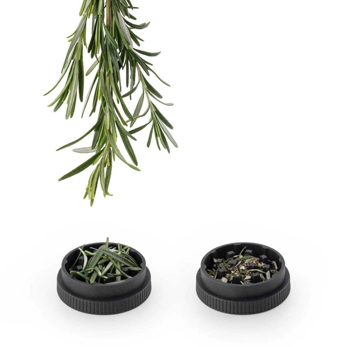 A close-up, top-down view of the Plant-Based Hemp Grinder with ground plant material inside its dark-colored, multi-tiered design.