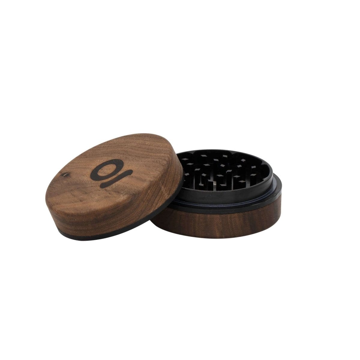 A top-down view of the 3 Inch, 2-Piece Walnut Grinder, showing its circular shape and wooden finish.