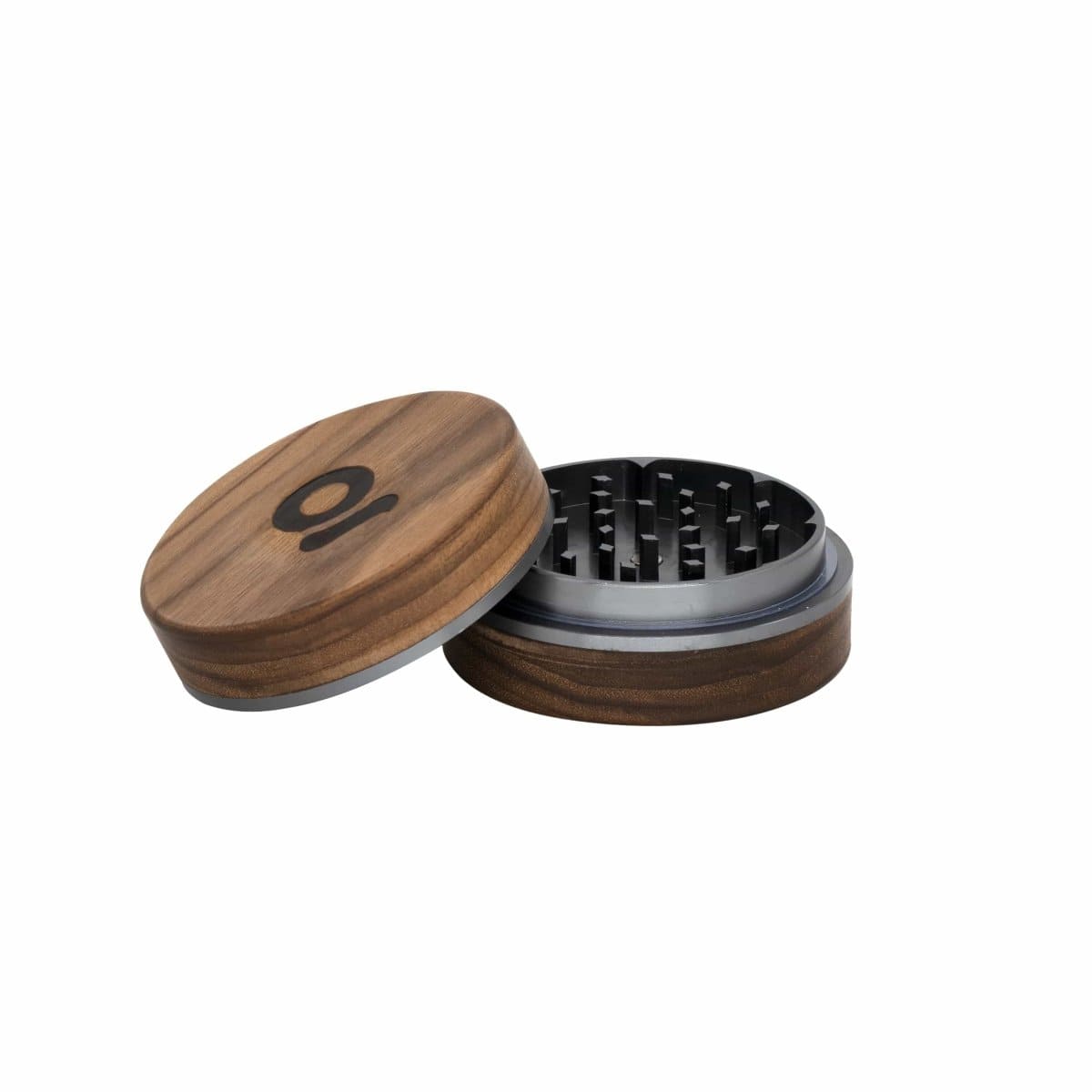 Opened view of the 3 Inch, 2-Piece Walnut Grinder, showcasing its multi-tiered grinding teeth within the wooden casing.
