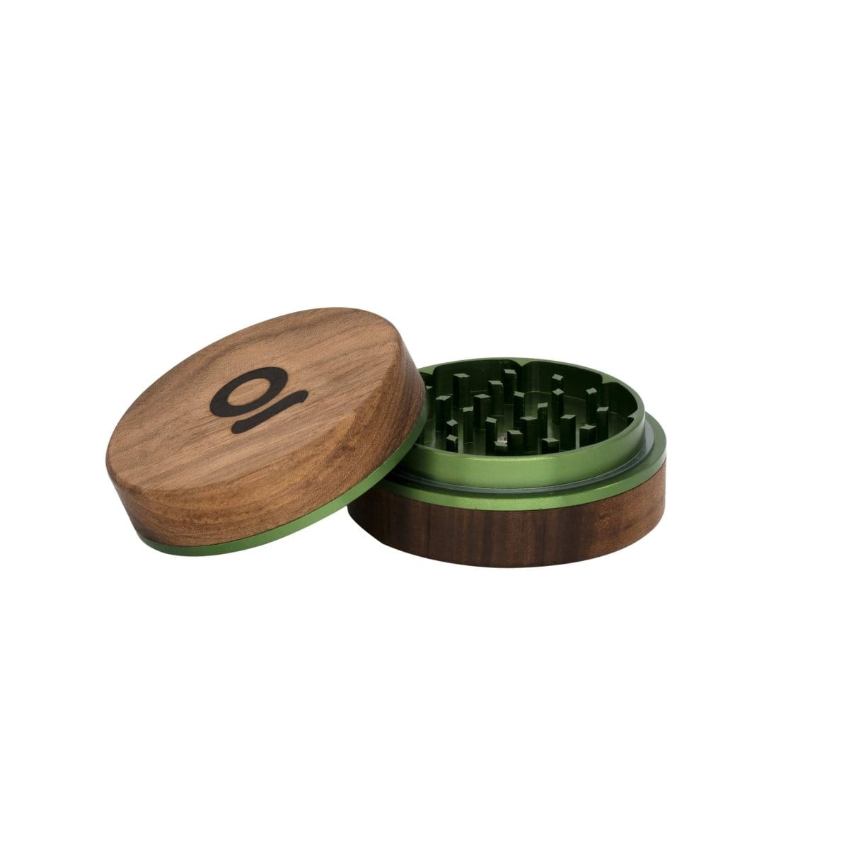 Overhead view of the open 3 Inch, 2-Piece Walnut Grinder, revealing its ridged grinding mechanism inside the wooden shell.