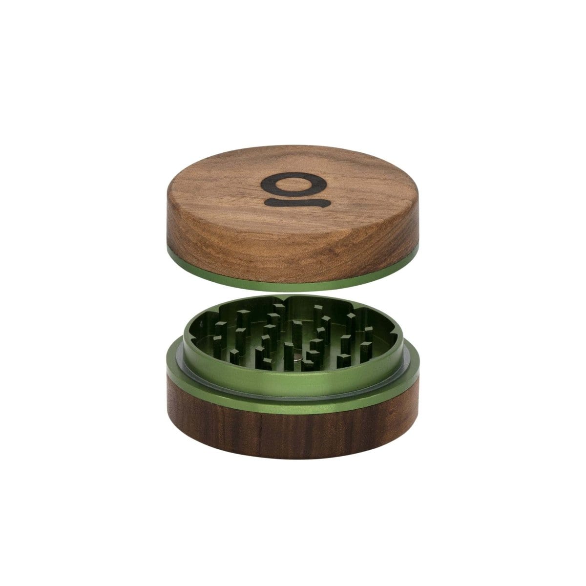 Overhead view of the 3 Inch, 2-Piece Walnut Grinder, showcasing its two-part wooden construction and metallic grinding teeth.