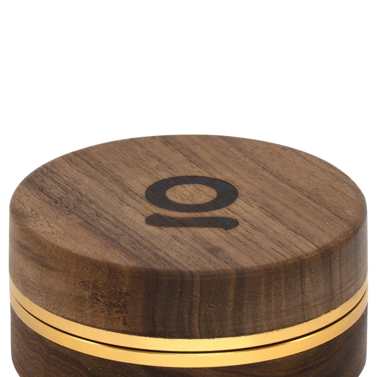 Front view of the 3 Inch, 2-Piece Walnut Grinder, showcasing its dark wood finish and circular, two-part design.