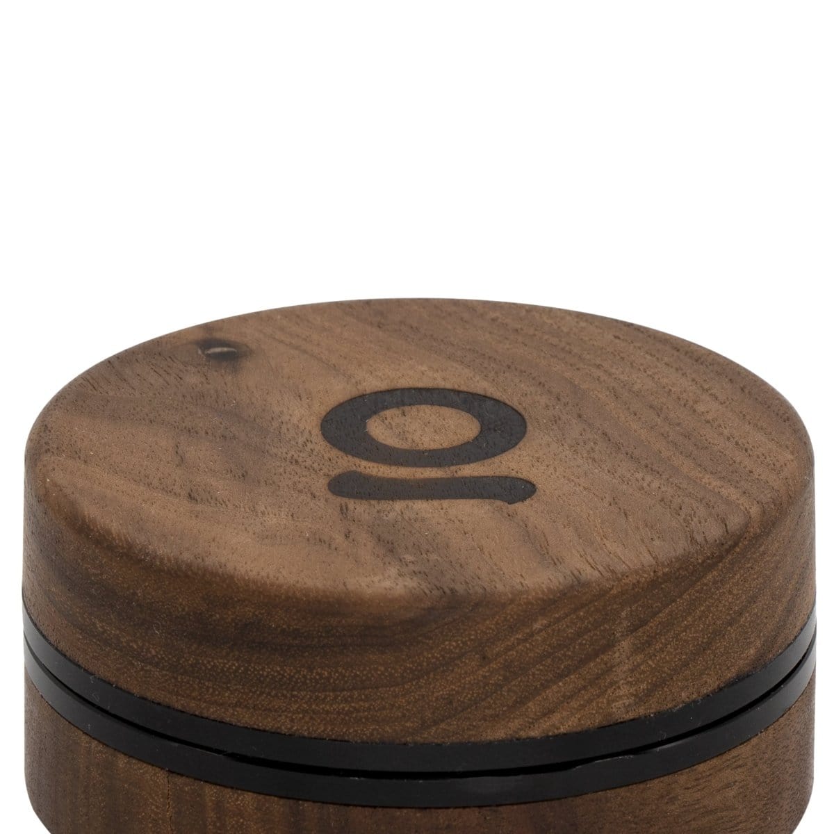 Close-up, angled view of the 3 Inch, 2-Piece Walnut Grinder, showcasing its smooth, dark wood texture and cylindrical shape.