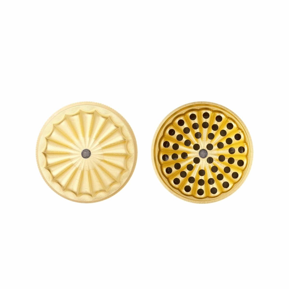 Top-down view of the 5 Piece, Flower Petal Toothless Grinder with Storage, showcasing its circular, petal-like design.