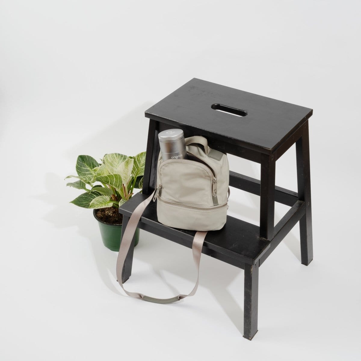 A close-up, angled view of the 5 Piece Storage Grinder resting on a wooden surface next to a potted plant.