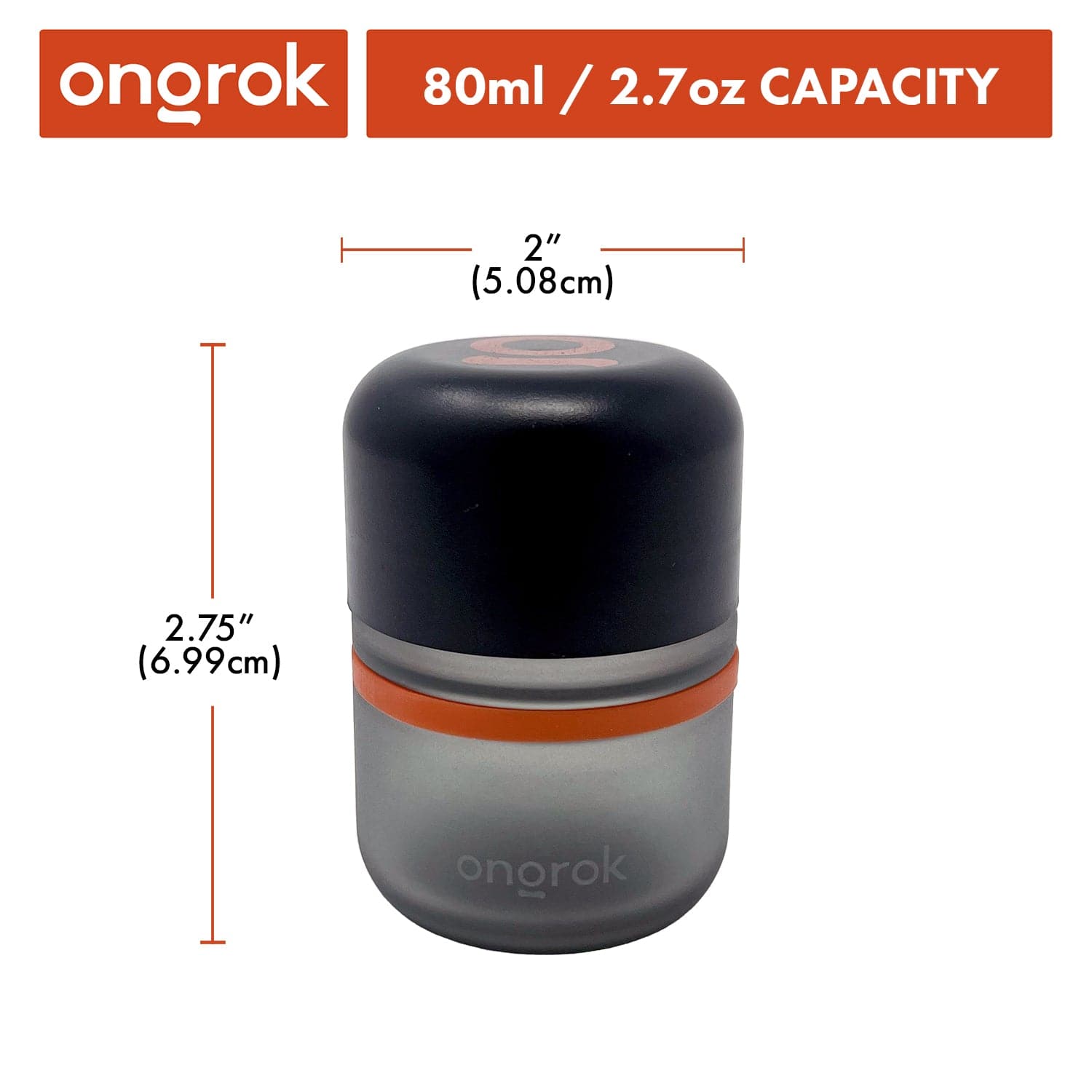 Close-up front view of the 80ml Child Resistant Jar | 6 Pack showing a frosted glass body, matte black cap and orange gasket against a white background.