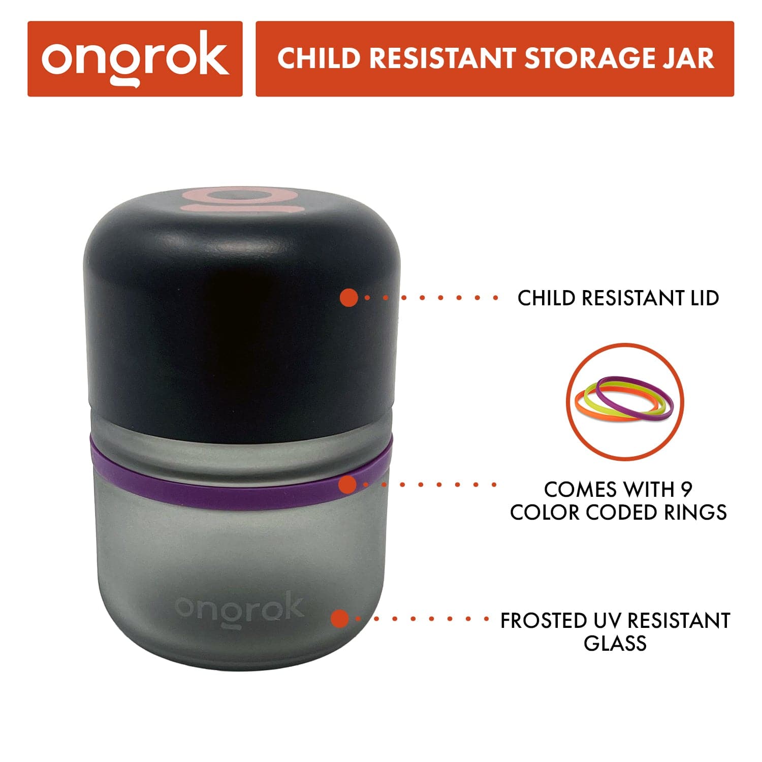 Close-up front view of the 80ml Child Resistant Jar | 6 Pack showing the black child-resistant lid, frosted glass body and a purple color-coded ring.