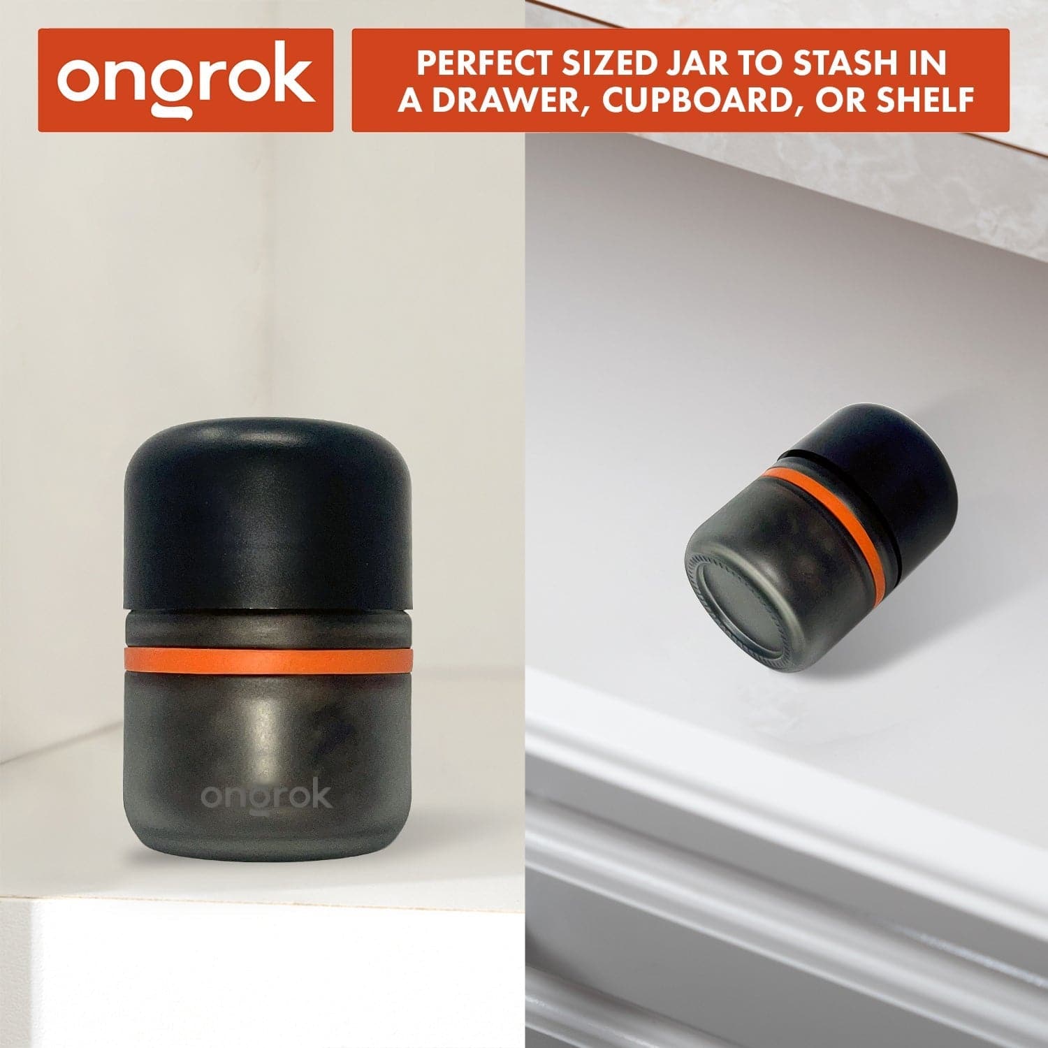 Front and angled views of the black 80ml Child Resistant Jar | 6 Pack showing its rounded cap, orange band, and matte finish under soft studio lighting.