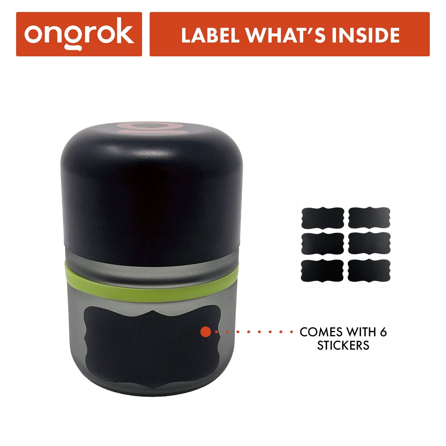 Close-up front view of the 80ml Child Resistant Jar | 6 Pack showing a gray jar with a black lid, green rim, and six black label stickers to the right.