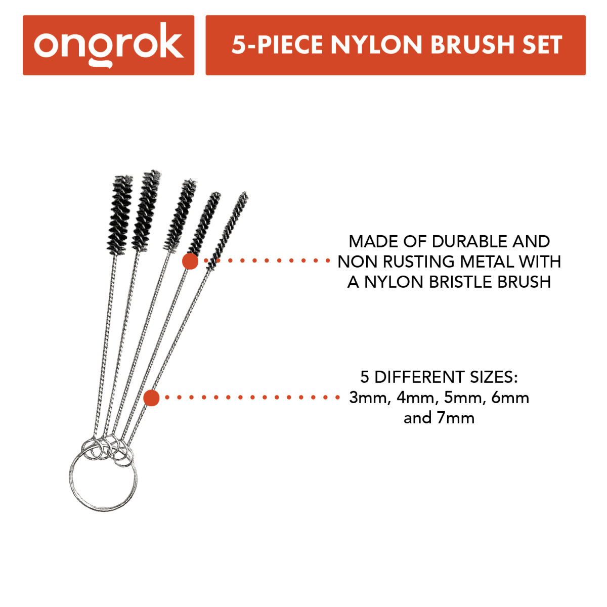 The Onrok Accessory Cleaning Kit shows a close-up, angled view of five black and silver cleaning brushes laid against a white background.