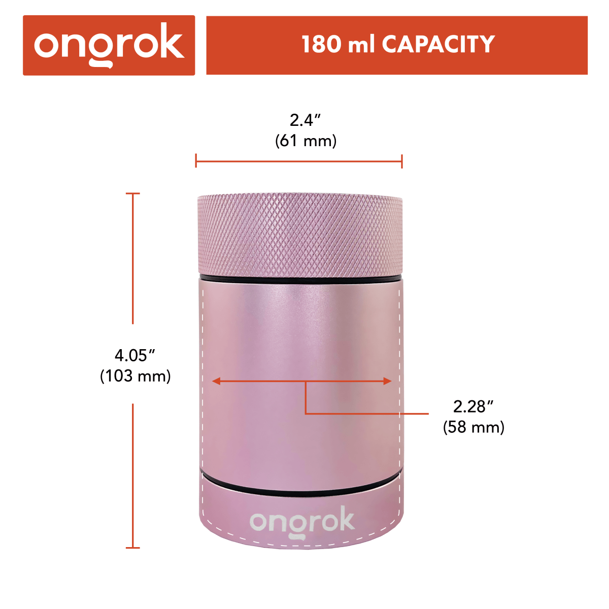 Front view of the Onrok Aluminum Metal Storage Jar, showing a silver cylindrical container with measurement details on the side.