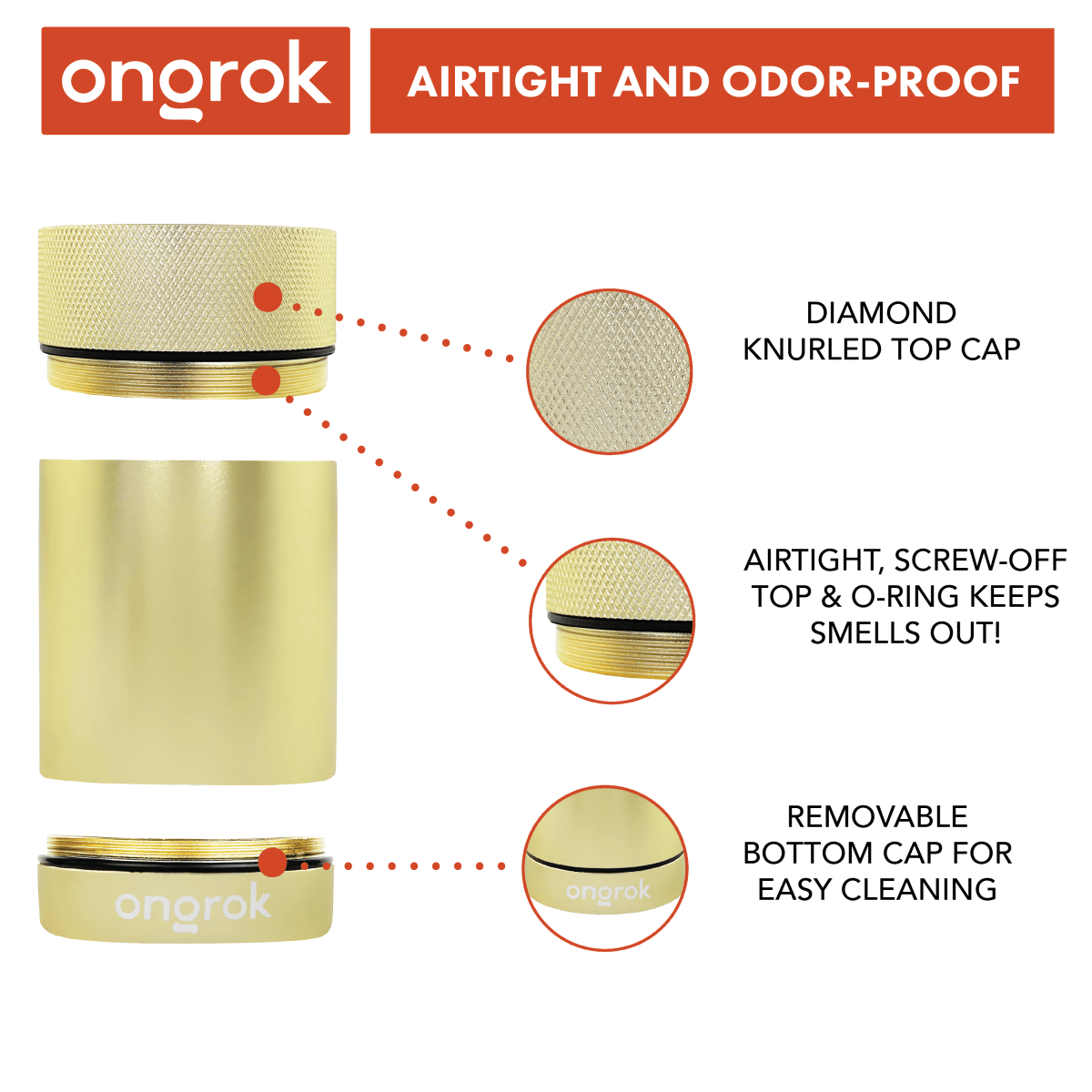A close-up of the ongroK Aluminum Metal Storage Jar shows a knurled, screw-on lid against a dark background.