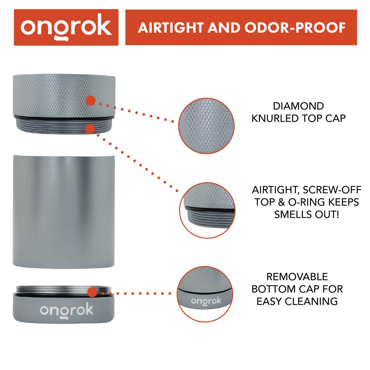 The Onogrk Aluminum Metal Storage Jar appears in a close-up, angled shot highlighting its knurled top and dark metal finish.
