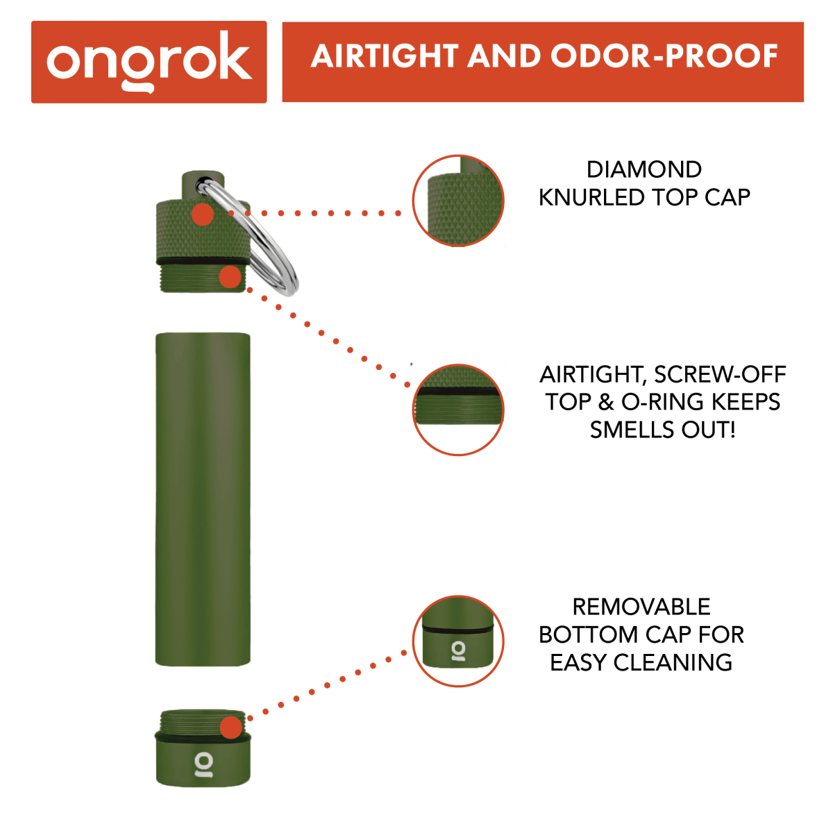 A close-up, angled view of the OngeRok Aluminum Storage Keychain, showing a silver cylindrical container with a keychain loop.