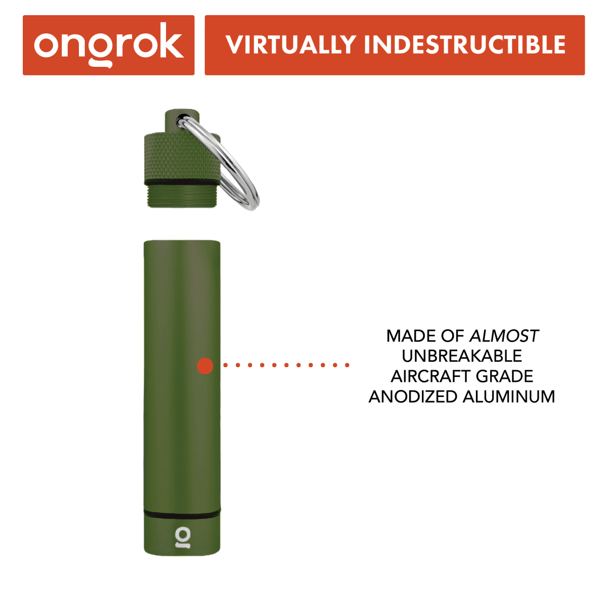 Front view of the Onrook Aluminum Storage Keychain, a silver, cylindrical case with a keyring attachment.
