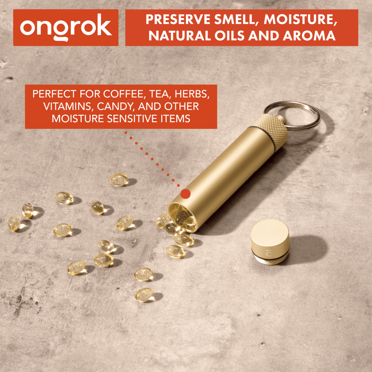 An angled overhead shot shows the Onrok Aluminum Storage Keychain resting on a dark wooden surface, highlighting its simple cylindrical shape.