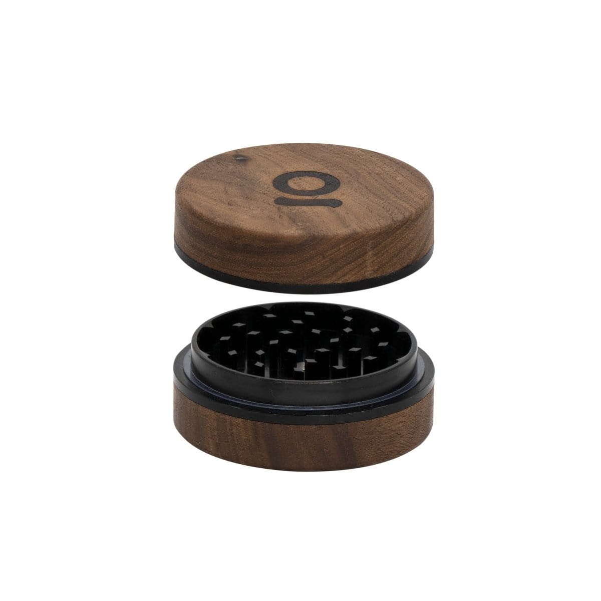 Overhead view of the 3 Inch, 2-Piece Walnut Grinder, showcasing the two-part wooden design and textured grinding surface.