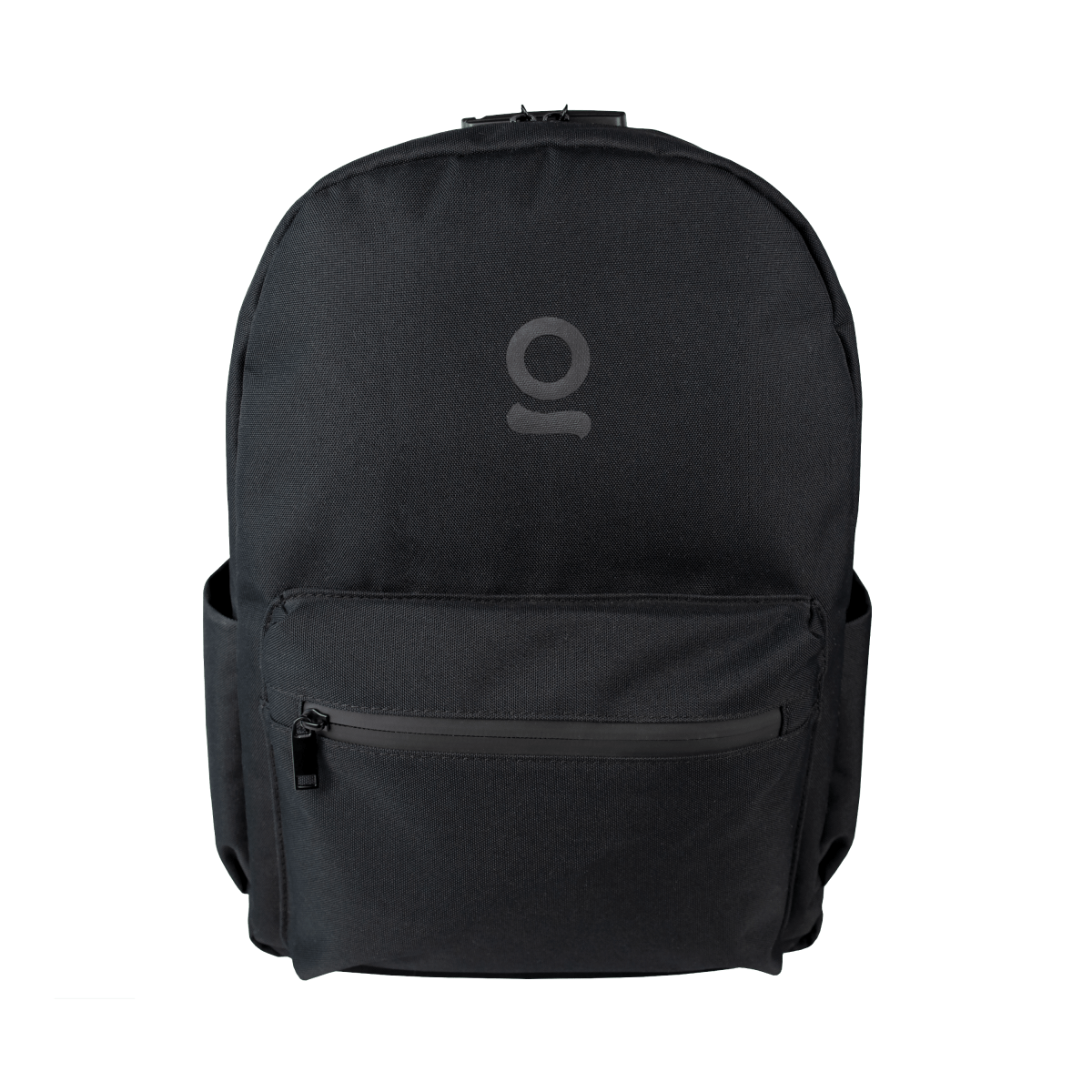 Front view of the Carbon-lined Backpack, a black bag with a sleek design and visible zipper pockets.