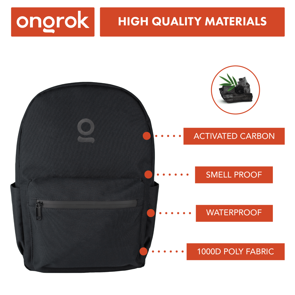 Front view of the Onrok Carbon-lined Backpack, a black, minimalist design with a small logo on the front panel.