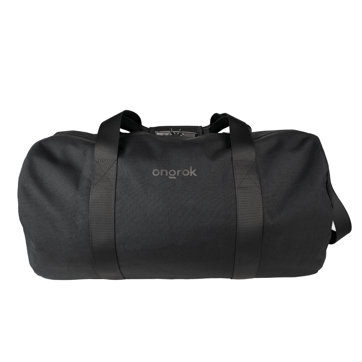 Front view of the Carbon-lined Duffle Bag, a black, cylindrical bag with a minimalist design against a plain white background.