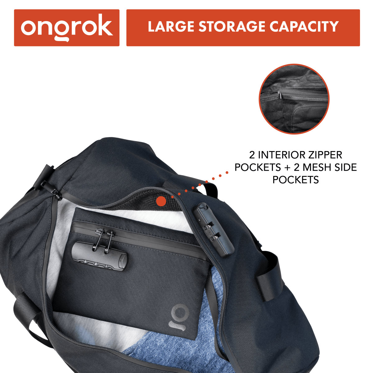 A front view of the Onrok Carbon-lined Duffle Bag with a zippered pocket and a black carbon-fiber-like lining visible inside.