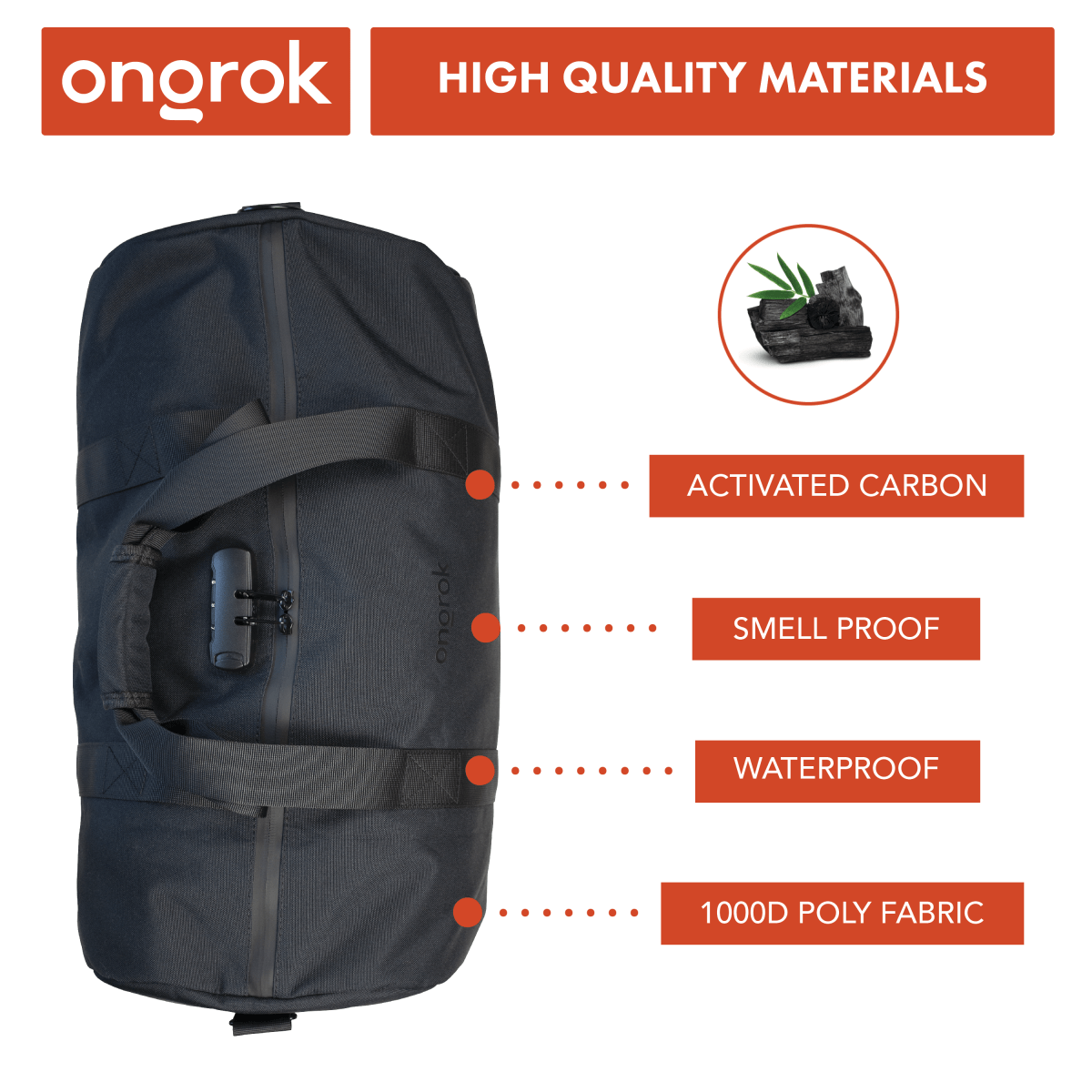 A close-up, angled view of the OngeRok Carbon-lined Duffle Bag, featuring a textured black exterior.