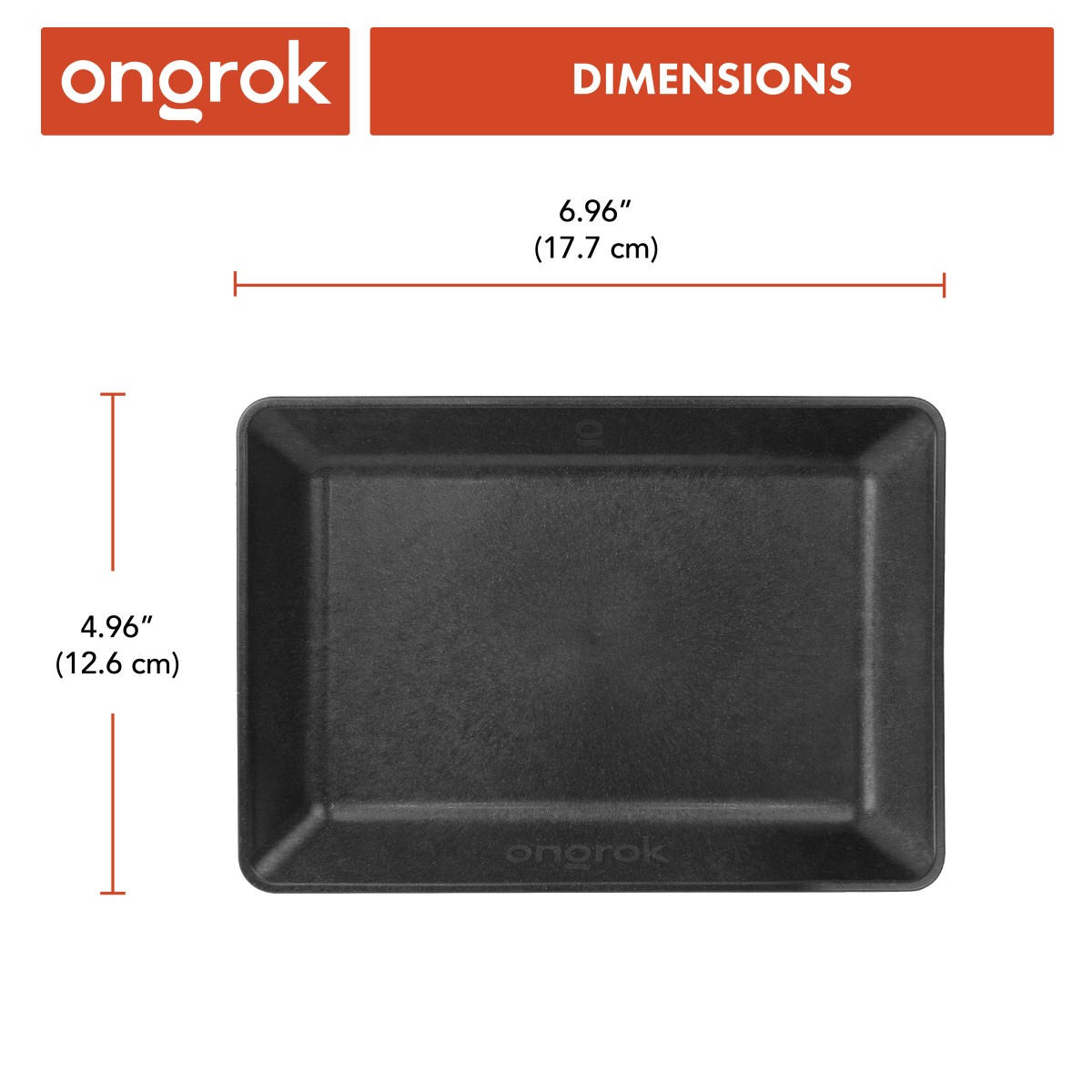 Front view of the ongo-Tray Eco-Tray, a dark-colored tray with dimensions visible in the corner.