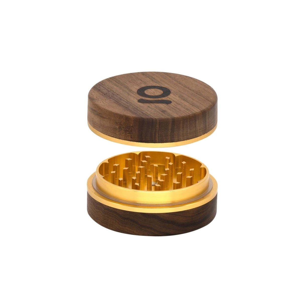 Overhead view of the 3 Inch, 2-Piece Walnut Grinder, showcasing its two-part construction and dark wood finish.
