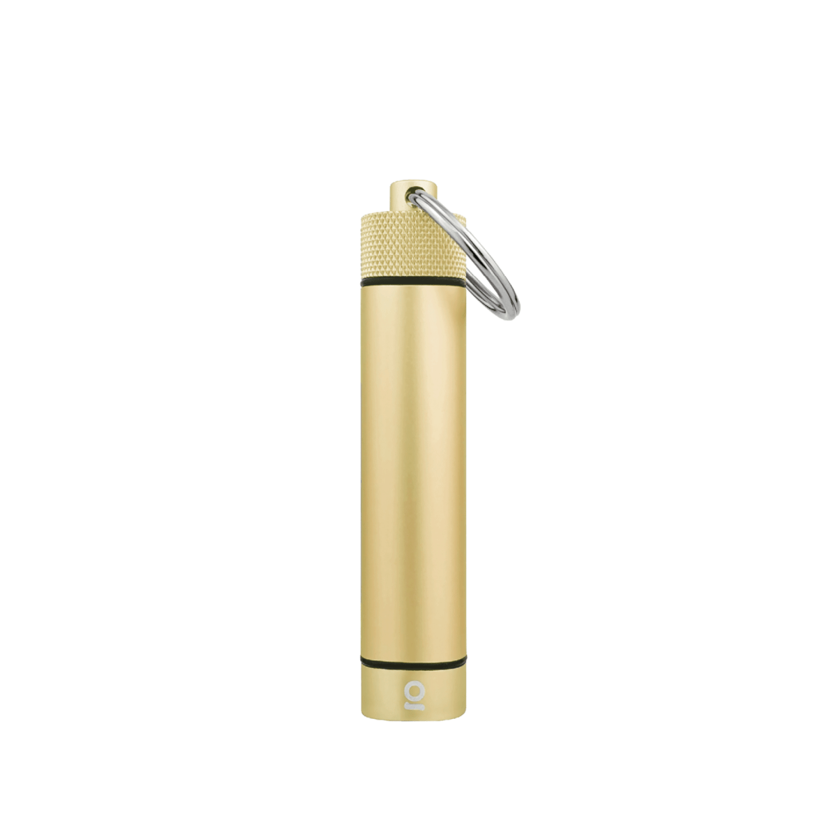 Front view of the Aluminum Storage Keychain, a silver-colored, cylindrical key-ring container.