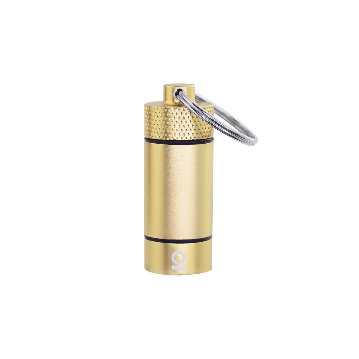 Front view of the Small Storage Keychain, a metallic, cylindrical container with a keyring attached, against a white background.
