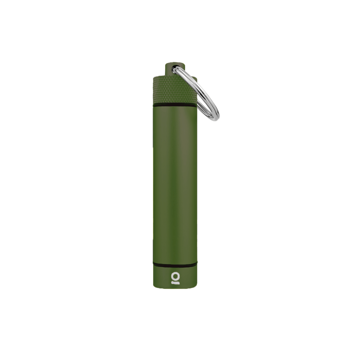 Front view of the Aluminum Storage Keychain, a silver-colored metal cylinder with a keyring attached, against a plain white background.