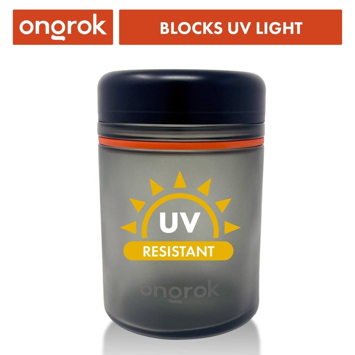 Front view of the ongrok 1000ml Child Resistant Storage Jar, 1 pack showing a translucent gray jar with a dark lid, orange gasket, and UV resistant sun graphic.