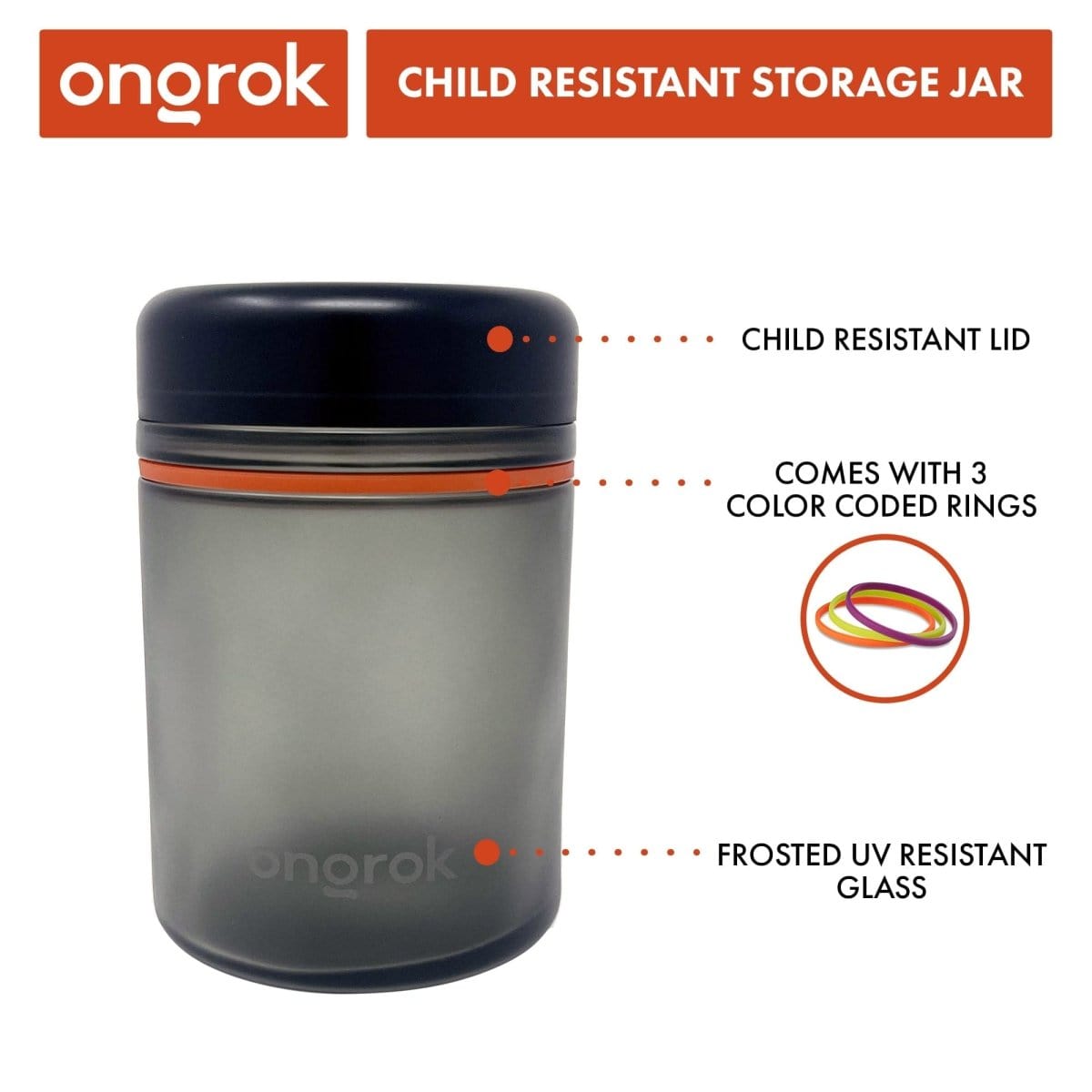 Front-facing view of the 1000ml Child Resistant Storage Jar, 1 pack showing a frosted gray glass body, dark child-resistant lid, and an orange sealing ring.