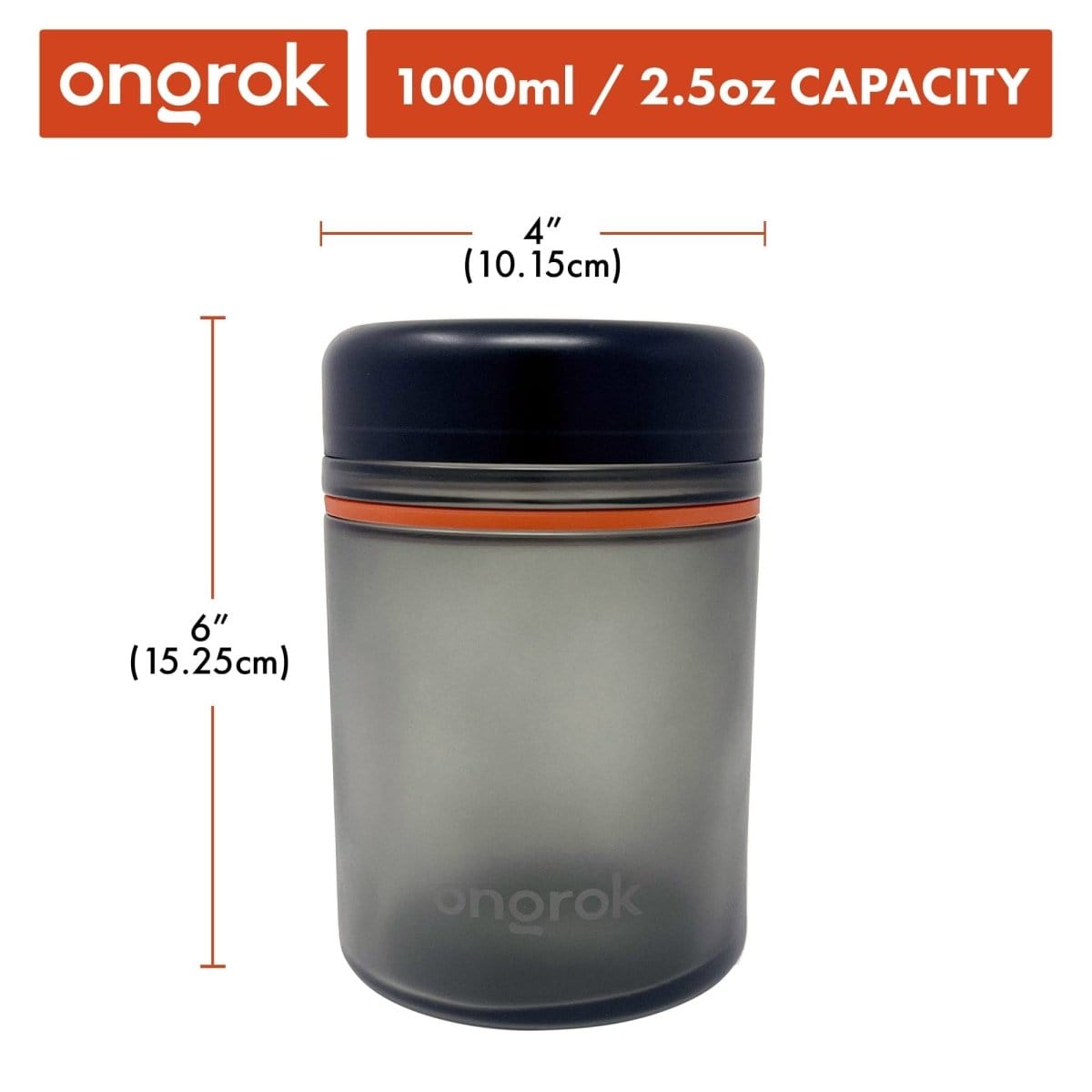Center-front shot of the 1000ml Child Resistant Storage Jar, 1 pack showing a frosted gray cylindrical jar with a dark rounded lid and thin orange gasket.