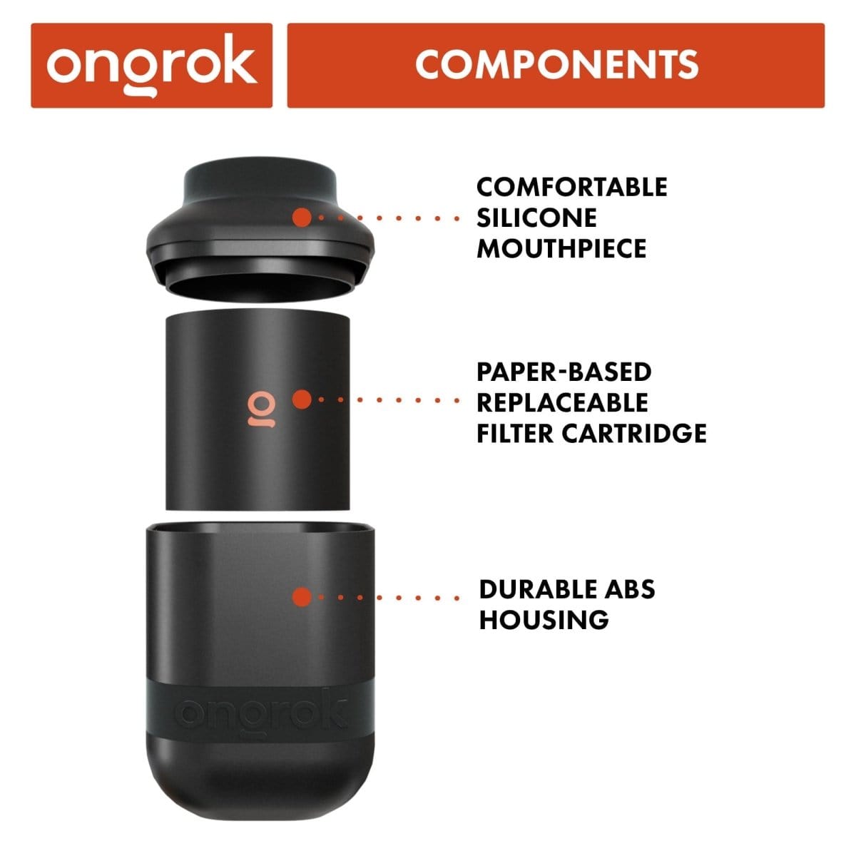 Front view of the Onrok Personal Air Filter with Replaceable Cartridges, showcasing a sleek, cylindrical device on a plain white background.