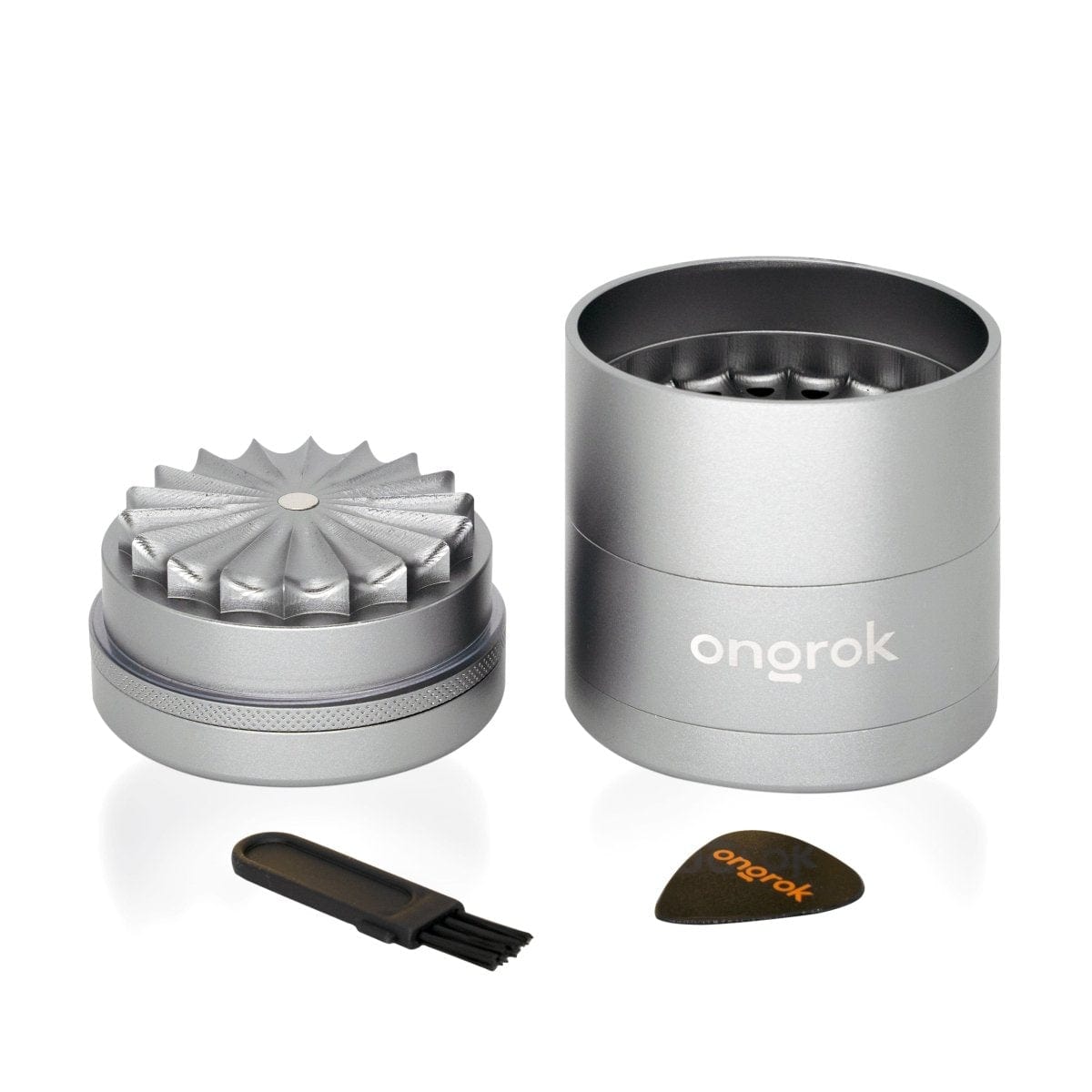 A top-down view of the 5 Piece, Flower Petal Toothless Grinder with Storage, showing its silver metallic finish and circular shape.