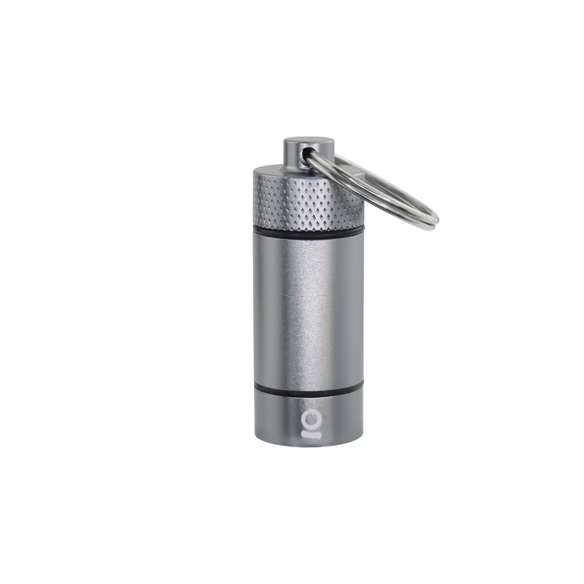Front view of the Small Storage Keychain, a silver-toned metal capsule with a key ring attached, set against a plain white background.