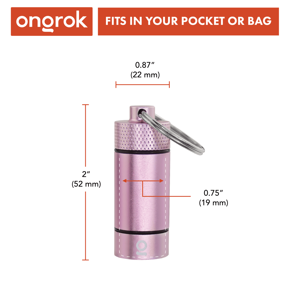A close-up, angled view of the Onrok Small Storage Keychain, a silver-colored container attached to a keychain ring against a plain background.