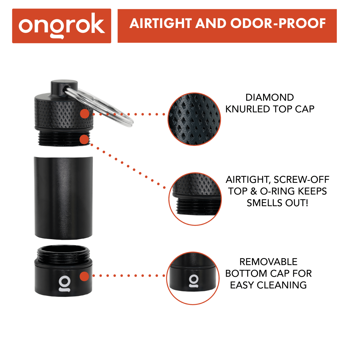 The Onrok Small Storage Keychain is shown in a close-up, highlighting its black, screw-on cap and keychain loop.