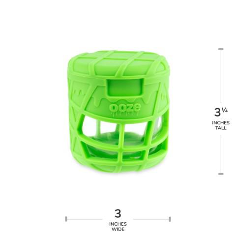 Front view of the Ooze Prizm Silicone-Wrapped Glass Stash Jar, showcasing its green silicone exterior and clear glass interior.