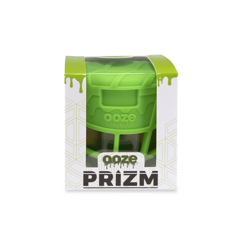 Front view of the Ooze Prizm Silicone-Wrapped Glass Stash Jar, showing its sleek, rounded shape against a plain white background.