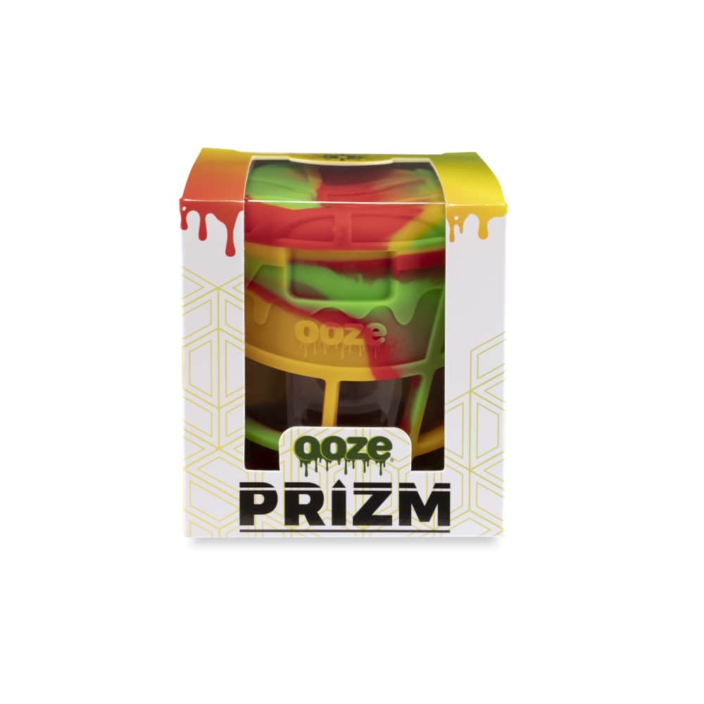 Front view of the Ooze Prizm Silicone-Wrapped Glass Stash Jar, showcasing its colorful, textured design against a plain background.