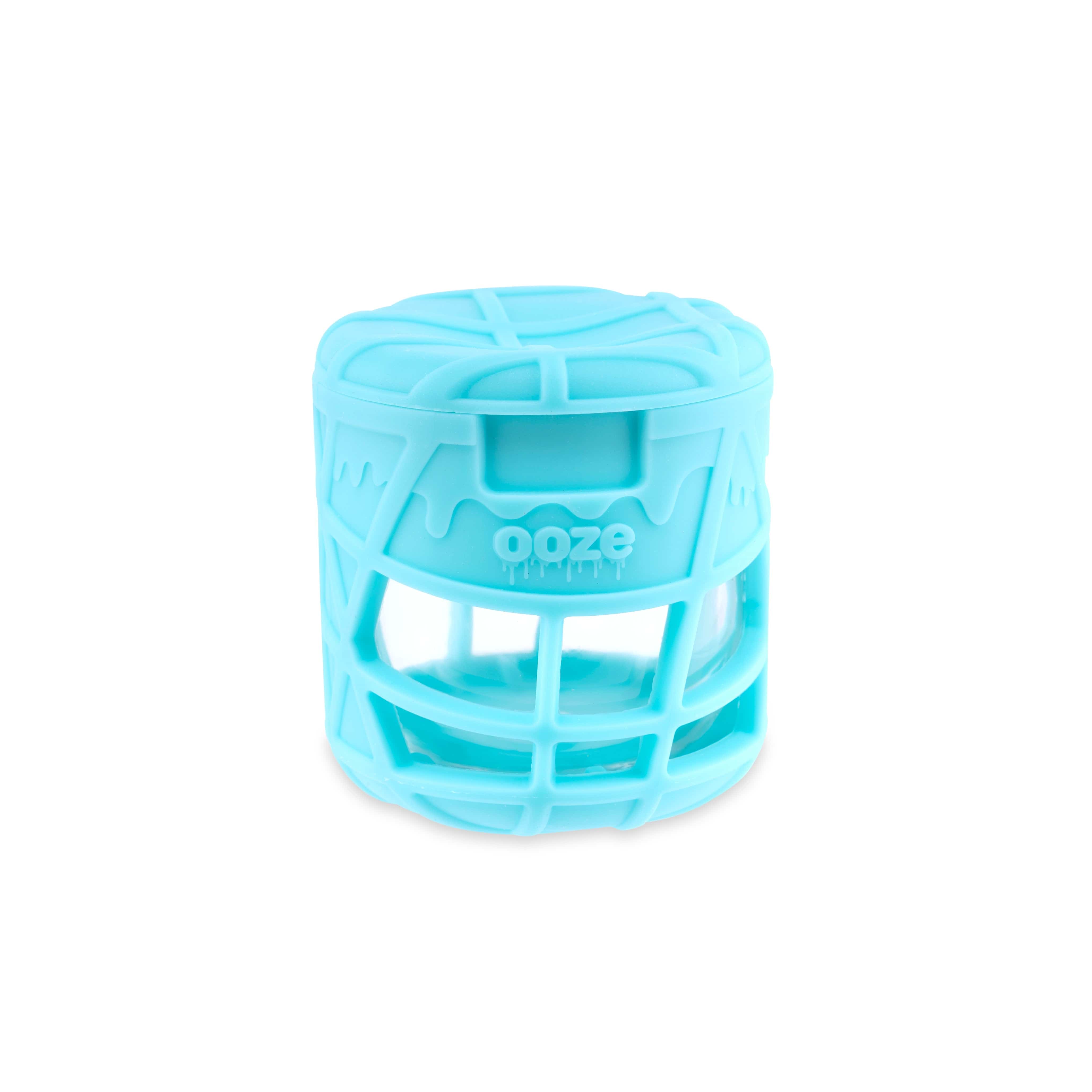 A three-quarter view of the Ooze Prizm Silicone-Wrapped Glass Stash Jar, showing its clear glass and protective silicone wrap.