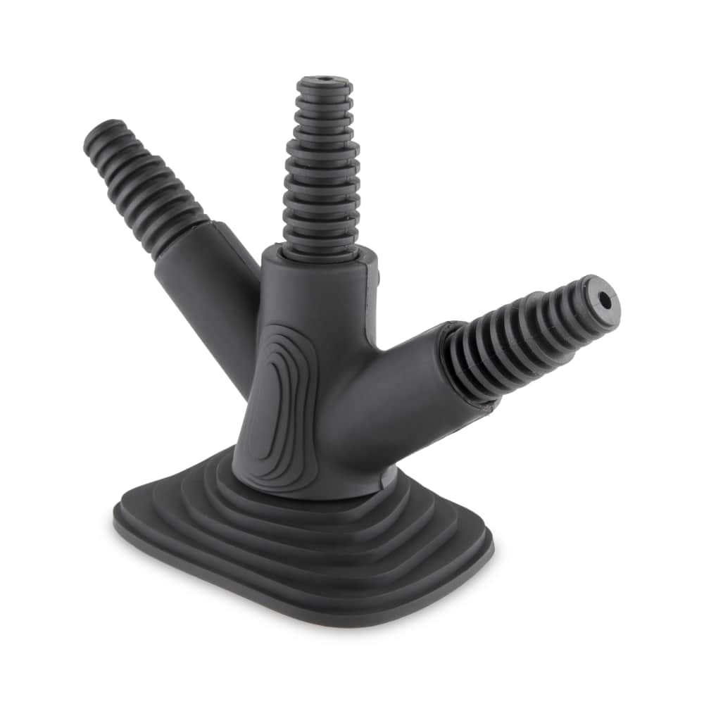 A close-up shows the Ooze Banger Hanger Silicone Banger Stand with multiple prongs, appearing black against a plain white backdrop.