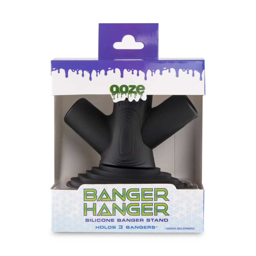 Front view of the Ooze Banger Hanger Silicone Banger Stand, displayed on its branded packaging with a clear plastic cover.