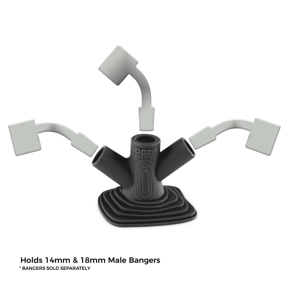 A top-down view of the Ooze Banger Hanger Silicone Banger Stand, displaying three angled holders on a black base.