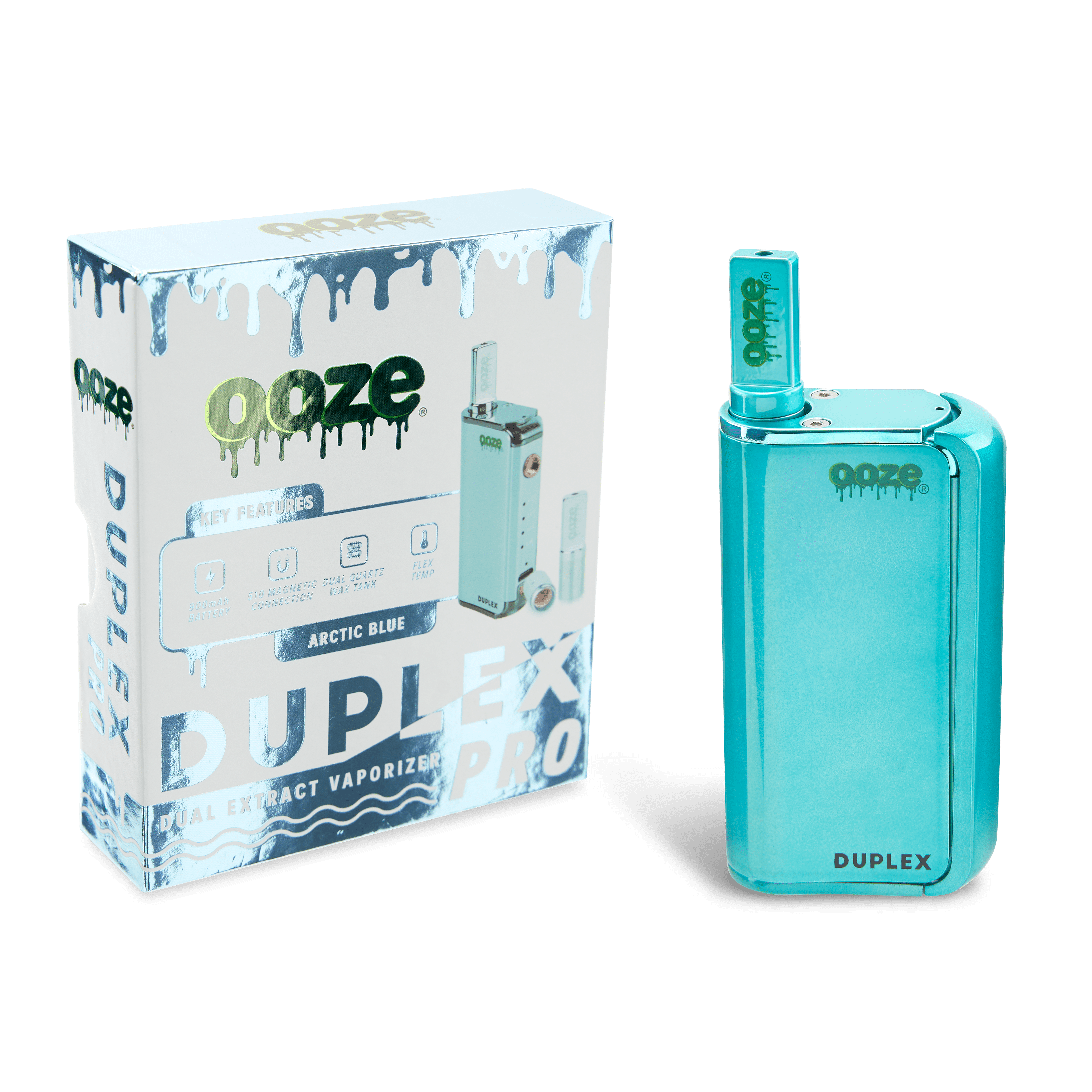 Front view of the Ooze Duplex Pro vaporizer, showing its sleek design and blue casing against a white background.