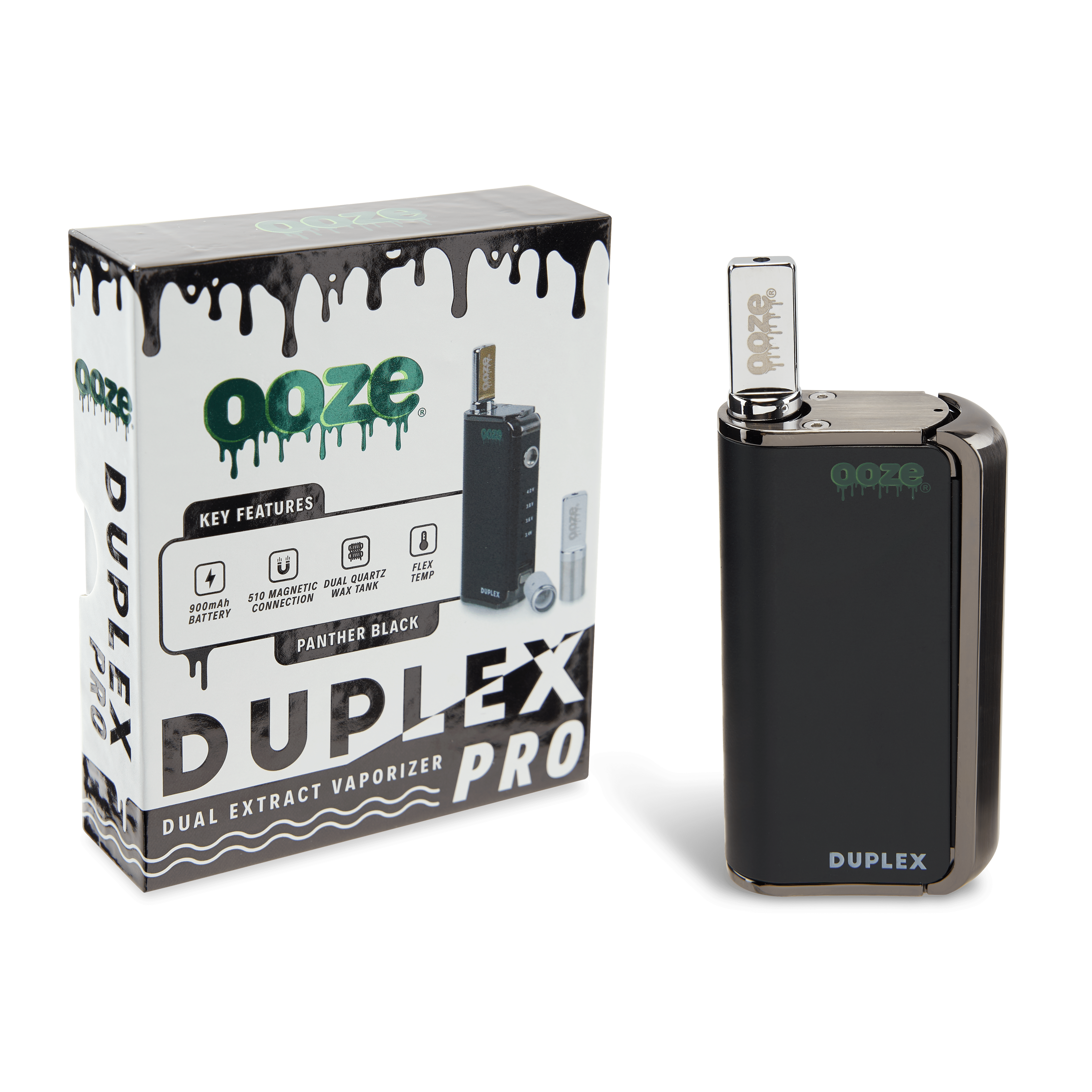 Front view of the Ooze Duplex Pro vaporizer with graphic text overlay on a dark, mottled background.