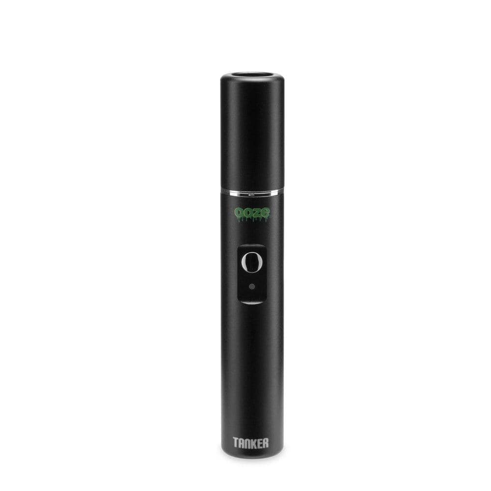 Front view of the Ooze Tanker 510 Thread Thermal Chamber Vaporizer Battery, a sleek, black cylindrical device against a white background.